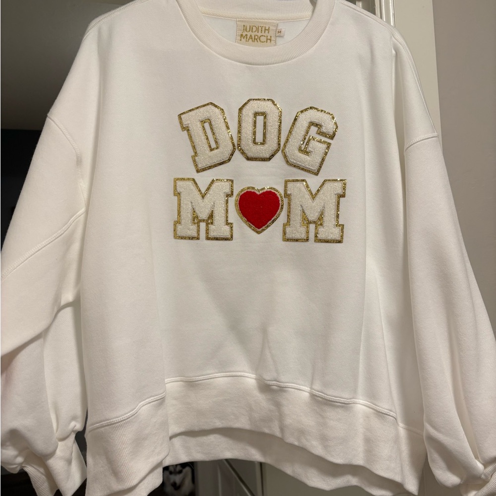 Judith March White Crewneck Sweatshirt with Gold-Trim 'DOG MOM' and Red Heart
